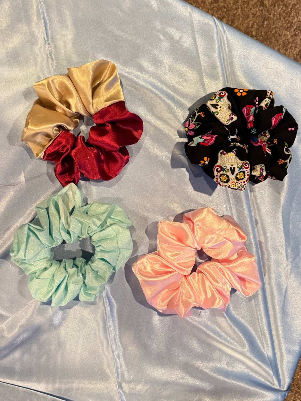 Adult JumSatin Scrunchie Hair Tie Set - Pink, Mint, Burgundy, Gold, Black Floral